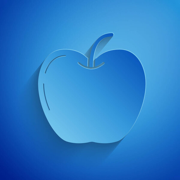 Paper cut Apple icon isolated on blue background. Fruit with leaf symbol. Paper art style. Vector Illustration