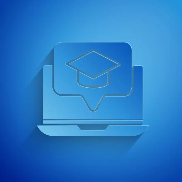 Paper cut Graduation cap on screen laptop icon isolated on blue background. Online learning or e-learning concept. Paper art style. Vector Illustration — Stock Vector