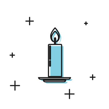 Beyaz arkaplanda izole edilmiş şamdan ikonunda siyah yanan mum. Eski moda yanan mum. Silindirik mum çubuğu ve yanan ateş. Vektör İllüstrasyonu