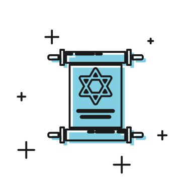 Siyah Tevrat kaydırma simgesi beyaz arka planda yalıtılmış. Yahudi Tevrat genişletilmiş şeklinde. David'in yıldızı sembolü. Eski parşömen parşömeni. Vektör İllüstrasyonu