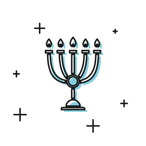 Černá Chanuka menora ikona izolované na bílém pozadí. Tradiční symbol Chanuky. Rekreační náboženství, židovský festival světel. Vektorová ilustrace — Stockový vektor