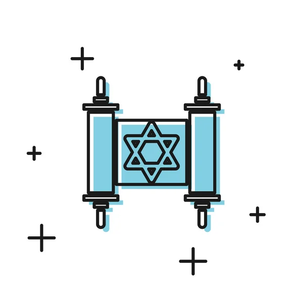 Black Torah scroll icon isolated on white background. Jewish Torah in expanded form. Star of David symbol. Old parchment scroll. Vector Illustration — Stock Vector