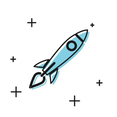 Beyaz arka planda izole ateş simgesi ile Siyah Roket gemi. Uzay yolculuğu. Vektör İllüstrasyonu