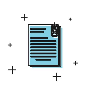 Siyah Dosya belge ve beyaz arka planda yalıtılmış ataş simgesi. Denetim listesi simgesi. İş konsepti. Vektör İllüstrasyonu