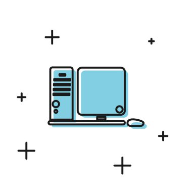 Beyaz arka planda yalıtılmış klavye ve fare simgesine sahip Siyah Bilgisayar monitörü. Pc bileşen işareti. Vektör İllüstrasyonu