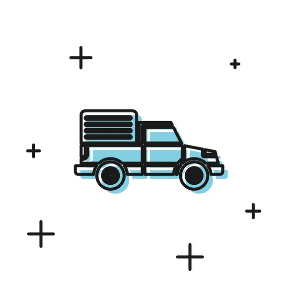 Siyah Teslimat kargo kamyon araç simgesi beyaz arka plan üzerinde izole. Vektör İllüstrasyonu — Stok Vektör