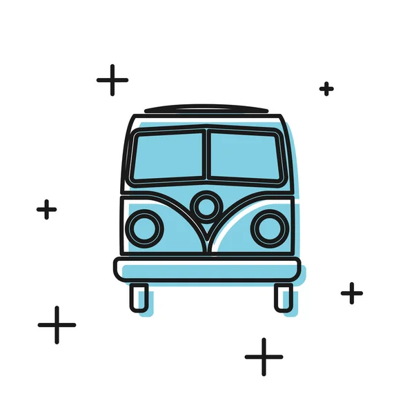 Ícone minivan preto retro isolado no fundo branco. Velho clássico retro viajando van. Ilustração vetorial — Vetor de Stock