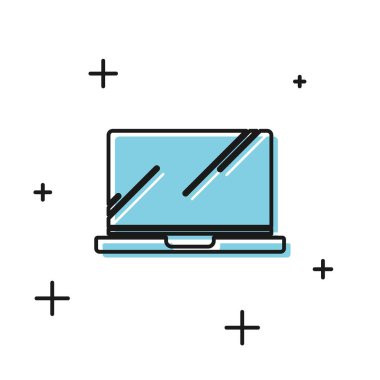 Beyaz arkaplanda siyah dizüstü bilgisayar simgesi izole edildi. Boş ekran işaretli bilgisayar defteri. Vektör İllüstrasyonu