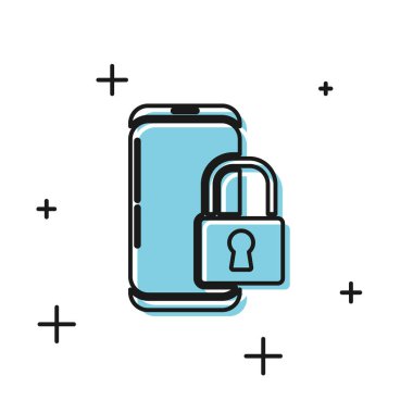 Beyaz arka planda izole edilmiş kapalı asma kilit simgesine sahip siyah akıllı telefon. Kilitli telefon. Mobil güvenlik, güvenlik, koruma konsepti. Vektör İllüstrasyonu