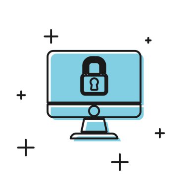 Siyah kilit beyaz arkaplanda izole edilmiş bilgisayar monitör simgesi üzerinde. Güvenlik, güvenlik, koruma kavramı. Güvenli bir ağ. Vektör İllüstrasyonu