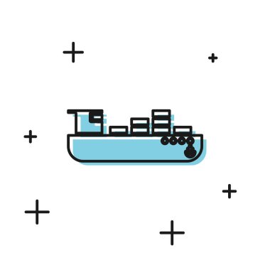 Siyah Kargo gemi kutuları teslim hizmet simgesi beyaz arka plan üzerinde izole ile. Teslimat, nakliye. Koliler, kutular, mallar olan şilep. Vektör İllüstrasyonu