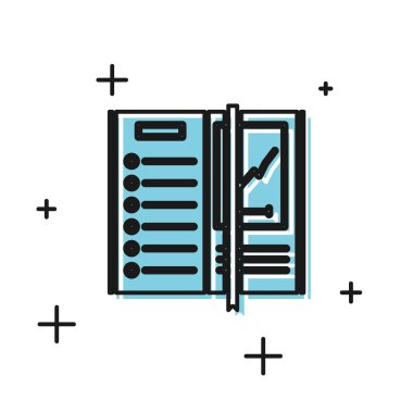 Siyah Not Defteri simgesi beyaz arkaplanda izole edildi. Spiral not defteri simgesi. Yazı tahtası. İş günlüğü. Not defteri kapağı tasarımı. Vektör İllüstrasyonu