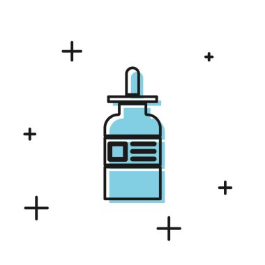 Beyaz arka planda izole edilmiş bir pipet ikonu olan siyah cam şişe. Tıbbi ve kozmetik ürünler için konteynır. Vektör İllüstrasyonu