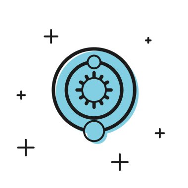 Siyah Güneş Sistemi simgesi beyaz arkaplanda izole edildi. Gezegenler yıldızın etrafında dönerler. Vektör İllüstrasyonu