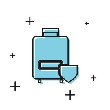 Siyah seyahat bavul simgesi beyaz arkaplanda izole edildi. Seyahat bagaj sigortası. Güvenlik, güvenlik, koruma, konsept koruma. Vektör İllüstrasyonu