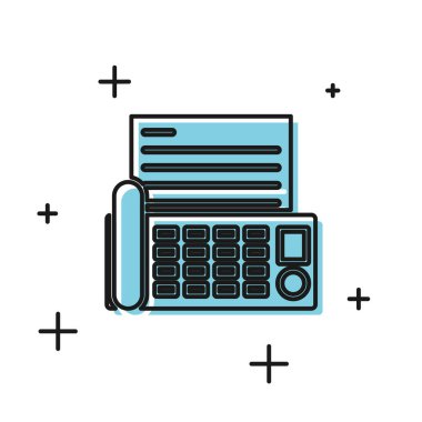 Siyah faks makinesi simgesi beyaz arkaplanda izole edildi. Ofis telefonu. Vektör İllüstrasyonu