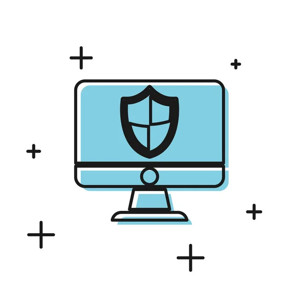 Monitor de computador preto e ícone de escudo isolado no fundo branco. Segurança, tecnologia de firewall, segurança de privacidade na Internet ou antivírus. Ilustração vetorial —  Vetores de Stock