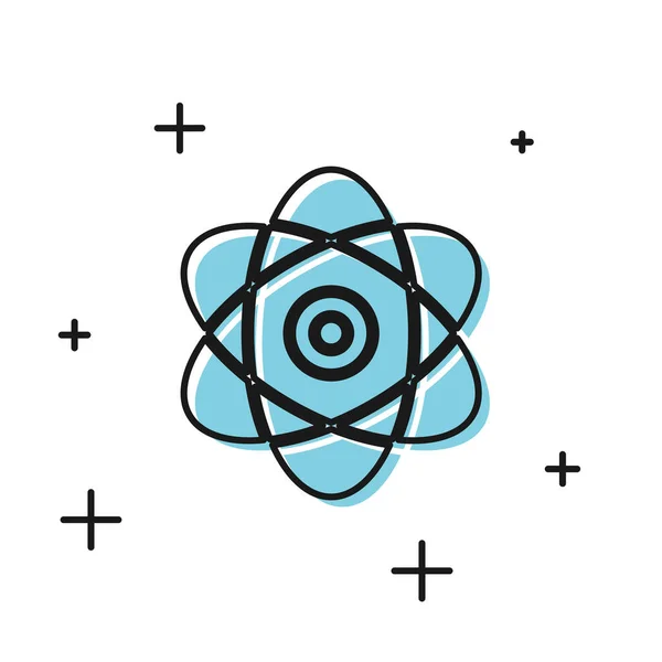 Schwarzes Atomsymbol isoliert auf weißem Hintergrund. Symbol für Wissenschaft, Bildung, Kernphysik, wissenschaftliche Forschung. Elektronen und Protonen Zeichen. Vektorillustration — Stockvektor