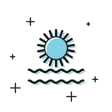 Siyah Güneş ve dalga simgeleri beyaz arkaplanda izole edilmiş. Vektör İllüstrasyonu