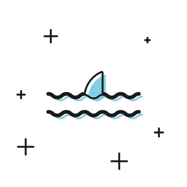 Okyanus dalgası ikonunda siyah köpekbalığı yüzgeci beyaz arka planda izole edilmiş. Vektör İllüstrasyonu