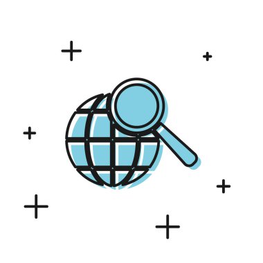 Beyaz arka plan üzerinde izole küre simgesi ile Siyah Büyüteç. Dünyayı analiz etmek. Genel arama işareti. Vektör İllüstrasyonu