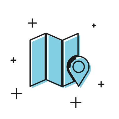 Beyaz arkaplanda konum belirleyici simgesi olan siyah katlı harita. Vektör İllüstrasyonu