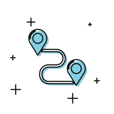 Siyah rota konumu simgesi beyaz arka planda yalıtılmış. Harita işaretçisi işareti. Yol veya yol kavramı. GPS navigasyon cihazı. Vektör Illustration