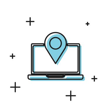 Beyaz arkaplanda konum belirleyici simgesi olan siyah dizüstü bilgisayar. Vektör İllüstrasyonu