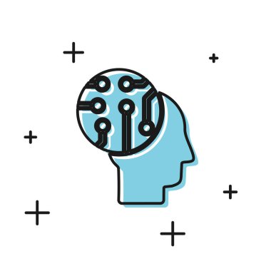 Siyah insan beyni dijital devre kartı simgesi olarak beyaz arkaplanda izole edilmiş. İçinde devre çizgileri olan insan kafası. Vektör İllüstrasyonu