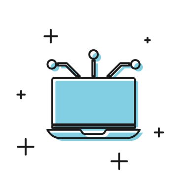 Beyaz arkaplanda siyah dizüstü bilgisayar simgesi izole edildi. Teknoloji ve cihazlar konsepti... vektör illüstrasyonu