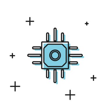 Beyaz arka planda yalıtılmış siyah işlemci simgesi. İşlemci, merkezi işlem birimi, mikroçip, mikrodevre, bilgisayar işlemcisi, çip. Vektör İllüstrasyonu