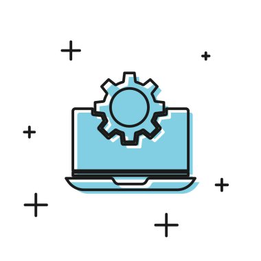 Siyah Laptop ve dişli simgesi beyaz arka plan üzerinde izole. Dizüstü servis konsepti. Uygulamanın ayarlanması, seçenekleri ayarlama, bakım, onarım, sabitleme. Vektör İllüstrasyonu