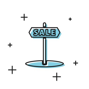 Beyaz arkaplanda izole edilmiş metin satışı simgesi olan siyah asma işareti. Mesaj indirimli tabela. Vektör İllüstrasyonu