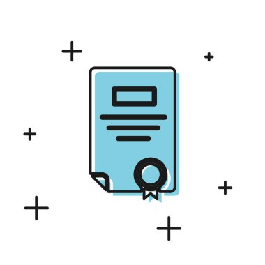 Beyaz arkaplanda siyah sertifika şablon simgesi izole edildi. Başarı, ödül, diploma, burs, diploma. İş başarısı sertifikası Vektör İllüstrasyonu