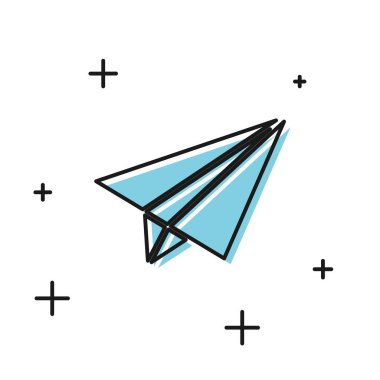 Siyah kağıt uçak simgesi beyaz arkaplanda izole edildi. Vektör İllüstrasyonu