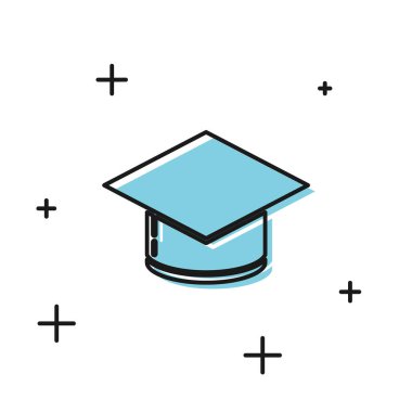 Siyah Mezuniyet kapağı simgesi beyaz arka planda yalıtılmış. Püskül simgesi ile Mezuniyet şapka. Vektör İllüstrasyonu