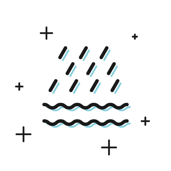 Chuva preta e ondas ícone isolado no fundo branco. Precipitação de nuvens de chuva com gotas de chuva. Ilustração vetorial —  Vetores de Stock
