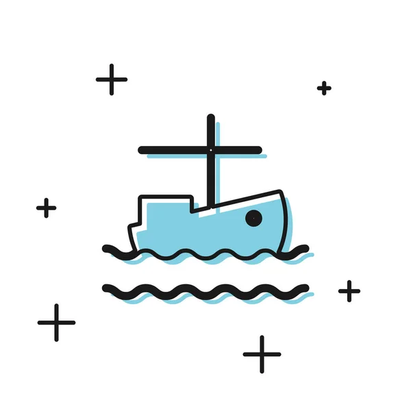 Чорний рибальський човен на водяному іконі ізольований на білому тлі. Векторний приклад — стоковий вектор