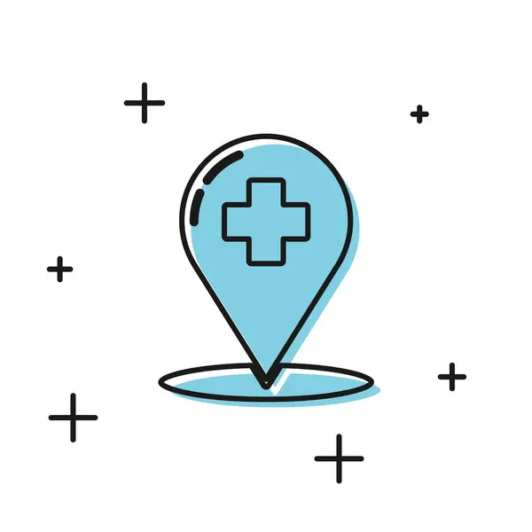 Czarny medyczny wskaźnik mapy z ikoną Krzyża szpitala na białym tle. Ilustracja wektorowa — Wektor stockowy