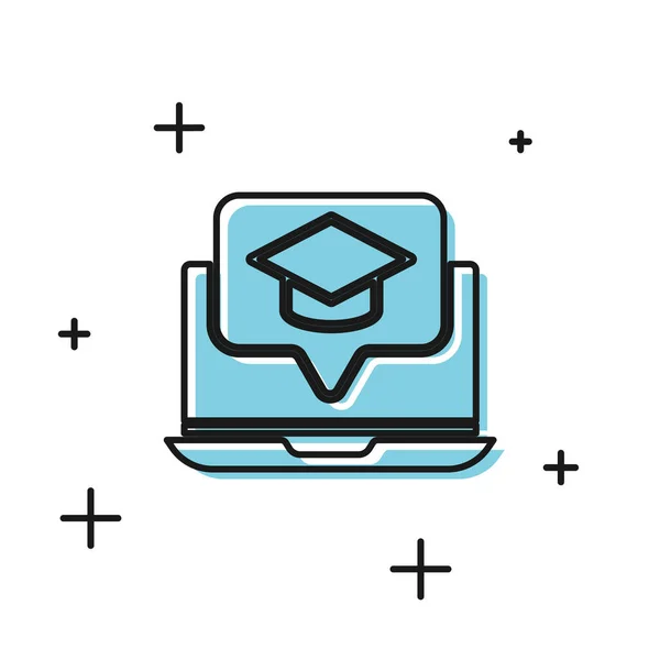 Capa de graduação preta no ícone do laptop de tela isolado no fundo branco. Aprendizagem online ou conceito de e-learning. Ilustração vetorial —  Vetores de Stock