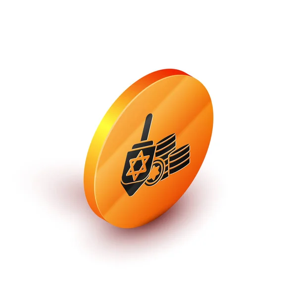 Isometrische Chanoeka dreidel en munt pictogram geïsoleerd op witte achtergrond. Oranje cirkel knop. Vector Illustratie — Stockvector