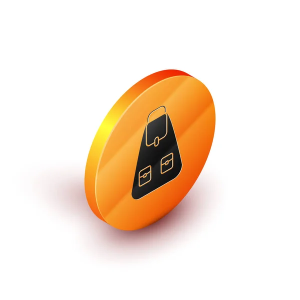 Icono de la mochila de la escuela isométrica aislado sobre fondo blanco. Botón círculo naranja. Ilustración vectorial — Vector de stock