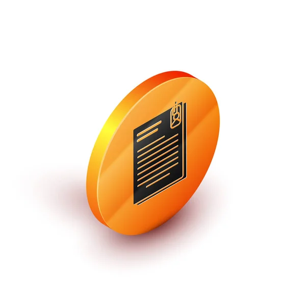 Isometrisches Dateidokument und Büroklammersymbol isoliert auf weißem Hintergrund. Checklisten-Symbol. Geschäftskonzept. orange Kreis-Taste. Vektorillustration — Stockvektor