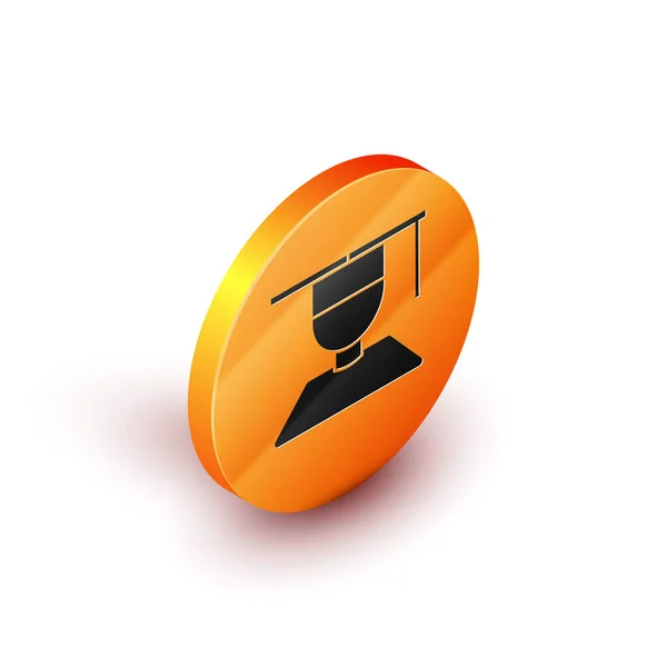 Isométrique Diplômé et icône de casquette de graduation isolé sur fond blanc. Bouton rond orange. Illustration vectorielle — Image vectorielle