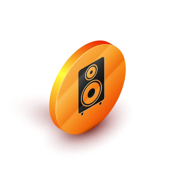 Isometrisches Stereo-Lautsprechersymbol isoliert auf weißem Hintergrund. Soundsystem-Lautsprecher. Musik-Ikone. Musiksäule Lautsprecher Bass Ausrüstung. orange Kreis-Taste. Vektorillustration — Stockvektor