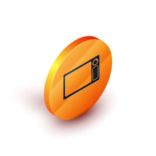 Isometric Microwave oven icon isolated on white background. Home appliances icon. Orange circle button. Vector Illustration — Stock Vector