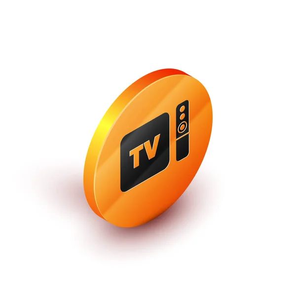 Isometric Multimedia and TV box receiver and player with remote controller icon isolated on white background. Orange circle button. Vector Illustration — Διανυσματικό Αρχείο