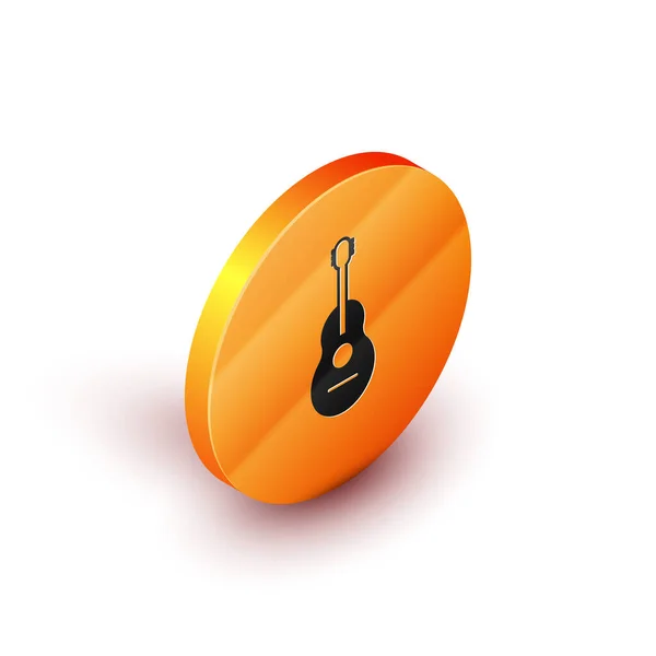 Icono de guitarra isométrica aislado sobre fondo blanco. Guitarra acústica. Instrumento musical de cuerda. Botón círculo naranja. Ilustración vectorial — Archivo Imágenes Vectoriales