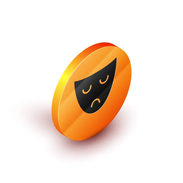 Isometric Drama theatrical mask icon isolated on white background. Orange circle button. Vector Illustration — Stock Vector