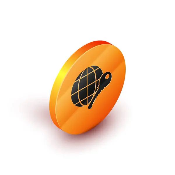 Isometric Globe key icon isolated on white background. Orange circle button. Vector Illustration — Stock Vector